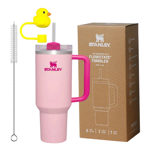 Stanley Quencher H2.0 FlowState Vacuum Insulated Tumbler with Straw, Lid, Cleaning Brush & Topper, 40 oz (1200ml) for Water, Coffee, Smoothies Flamingo Pink